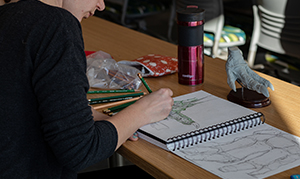student drawing in notebook