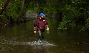 student walking in stream to collect samples