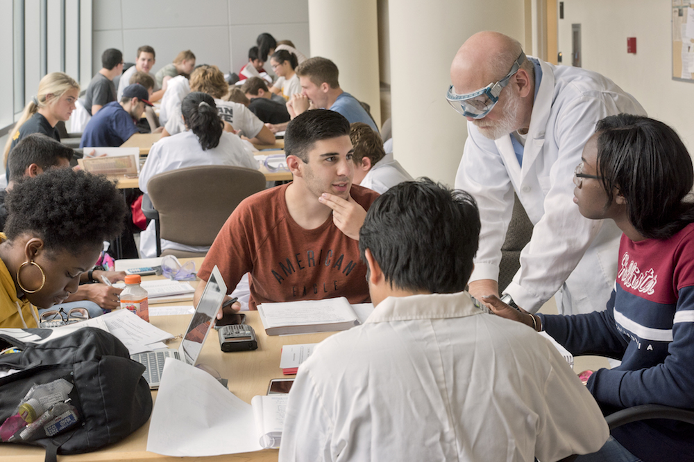 Students studying together with guidance from the professor