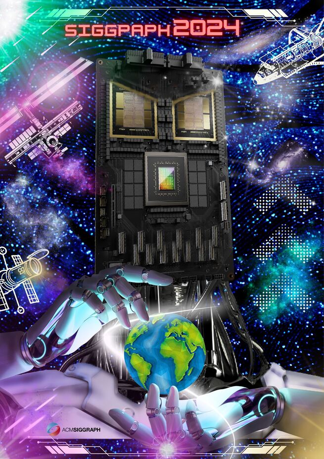 A poster of two chrome robotic hands leviating an Earth between it's two palms, one palm on top and one palm on the bottom. Behind the Earth are wires that make up the robot's neck. There is blue light reflected on the top palm, and purple light reflected on the top of the left palm. There is a dash of light encircling the planet & hands, ending in a bright purple spark inbetween the ring and middle finger of the robot's left hand. 