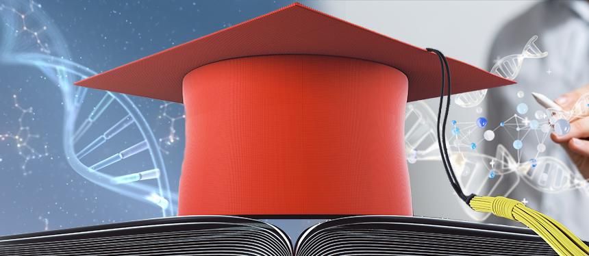 graduation cap in front of dna background
