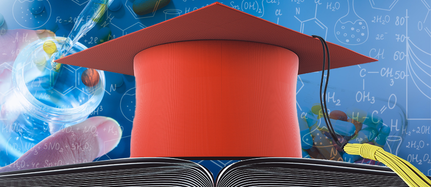 graduation cap in front of chemistry background