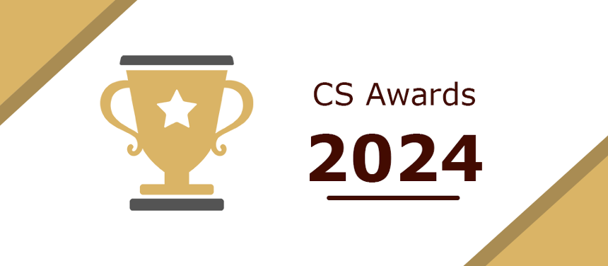 A graphic of a gold and gray trophy on top of a white background, with gold and darker gold corners on the top left and bottom right. There's text that reads, "CS Awards 2024."