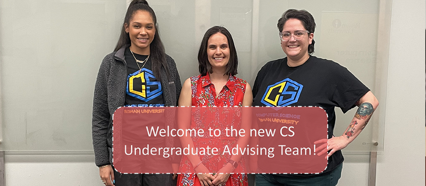 A photo of the three new undergraduate CS advisors taken behind the dry erase board outside of the Robinson common area. From left to right stands Natalie Ryan, Jessica Fischetti, and Jill Ferrara. 