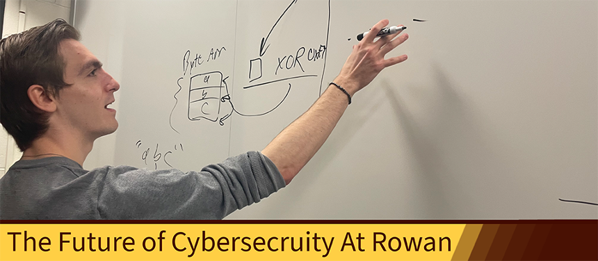 A photograph of Cybersecruity club present, Coby Totland, doing an equation on a whiteboard.