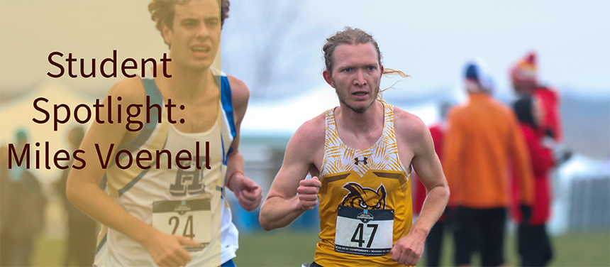 An image of Miles Voenell in the middle of a race. The sky is cloudly, and there is a white man in a blue running uniform on his right. On his right, there is a yellow, slightly opaque square that reads, "Student Spotlight: Miles Voenell".