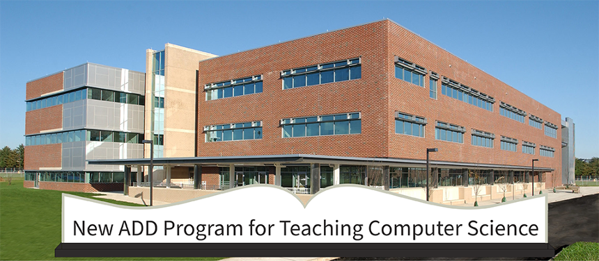 At the bottom of the screen is a graphic depicting an open book. The book is facing down, so you can only see the head, spine, and top of text block (the book’s pages. Atop the text block there’s text that reads, “New ADD Program for Teaching Computer Science.” The book’s cover is black, its pages white.