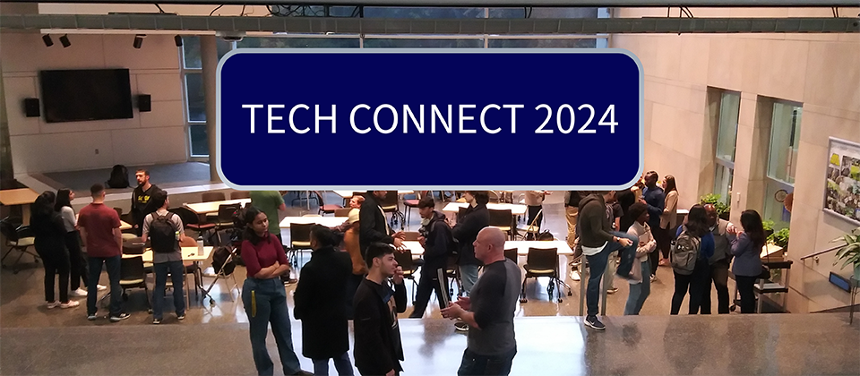 A photograph of students and alumni freely conversing in Rowan Hall 117. In the center top of the page is a navy blue graphic with a gray border that reads, "Tech Connect 2024."