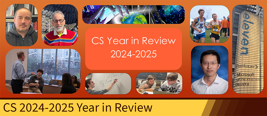 A collage of several article banners set against an orange gradiant. In the center of the collage is another orange square with white text that reads, "CS Year in Review". At the bottom of the screen is a graphic. The graphic is rectangular, with its border Rowan brown and its color Rowan yellow. At the right fourth of the page, the yellow fades into various shades of Rowan brown. The left, yellow part of the graphic reads, “CS Year in Reivew.”