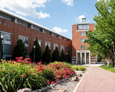 Campbell Library outside building during spring