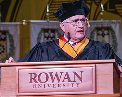 Nicholas Peppas, Sc.D., delivered the keynote address during Rowan University's Hooding Ceremony.