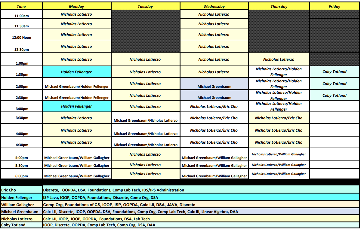 Tutoring Schedule for Fall 2022 Semester