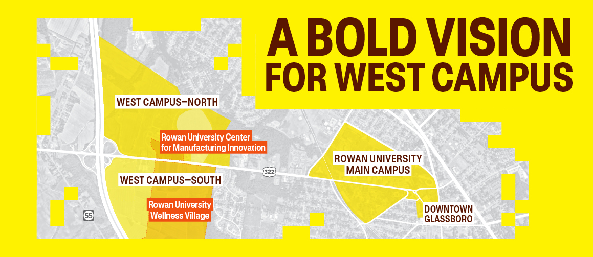 A bold vision for West Campus. A gray map of an area near Glassboro, New Jersey, on Route 322 along Route 55 shows a yellow area marked Rowan University Center for Manufacturing Innovation on the north side of 322 and Rowan University Wellness Village on the south side of 322. The areas are less than a mile from the main campus, also shown in yellow near downtown Glassboro.